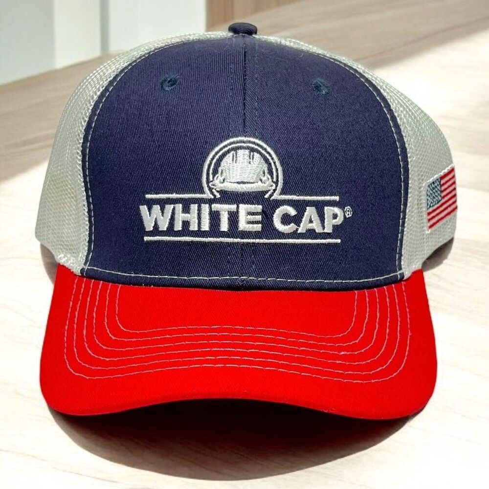 Men's‎ Trucker Hat Red Brim White Mesh USA Flag on side - White Cap Logo